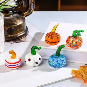 Handmade Glass Pumpkin Figurines Mini Crystal Pumpkin Statue Halloween Christmas Table Decor Ornaments Art Glass Gift