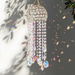 Garden Suncatcher Wind Chime Pendant AB Crystal Beads Gold Metal Lampshade Hanging Ornament For Yard Window Home Decor