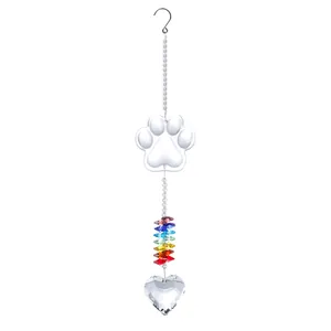 Sparkling crystal dog paw suncatcher with rainbow beads and faceted heart pendant memorial