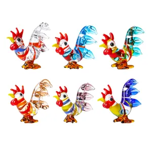 Set of six colorful miniature glass rooster figurines with artistic stripes and glossy finish