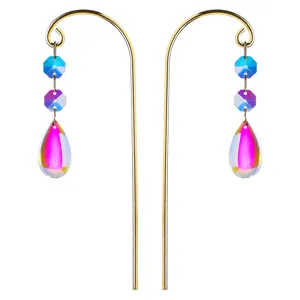 AB colorful crystal sun catcher garden stakes with iridescent teardrop pendants for plants