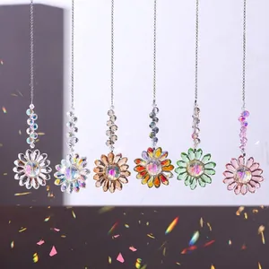Crystal Sunflower Sun Catcher Wind Chime Hanging Ornament Hand Woven Beads AB Color Prism Garden Window Home Decor Rainbow Maker Gift