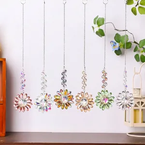 Set of six colorful iridescent crystal sunflower suncatchers hanging on silver chains
