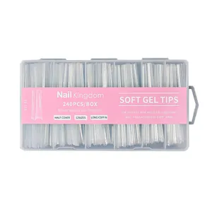 Professional 240pcs clear extra long coffin soft gel nail tips set in portable storage box