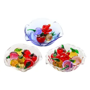 Decorative miniature glass fruit set with scalloped glass bowls in clear and blue
