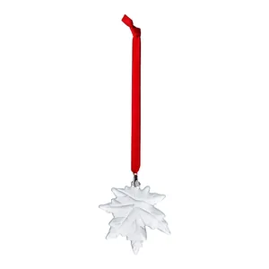 Clear crystal maple leaf Christmas tree hanging ornament with vibrant red ribbon