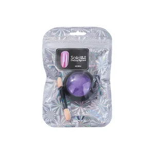 Purple solid chrome nail pigment in holographic bag with applicator sponge brush