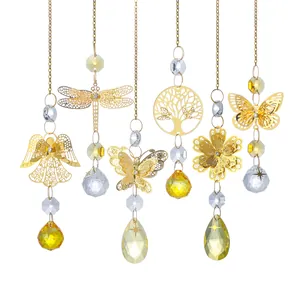 Set di sei acchiappasole in cristallo dorato con motivi albero della vita e farfalle