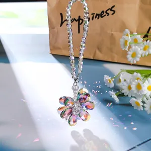 AB iridescent crystal flower suncatcher with faceted beads for car or bag charm decor
