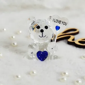 Mini faceted crystal teddy bear figurine with blue sparkly heart and I Love You sign