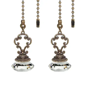 Vintage antique bronze ceiling fan pull chain with faceted crystal diamond ball pendant
