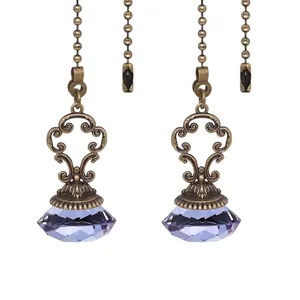 Vintage antique bronze fan pull chain with purple faceted crystal diamond pendant