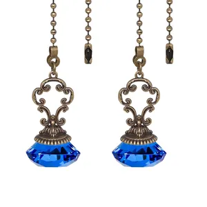 Vintage light pull chain with blue crystal diamond pendant in antique bronze finish