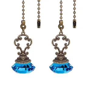 Vintage bronze ceiling fan pull chain with blue diamond cut crystal pendant accessory