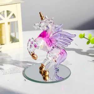 Modern Luxury White Crystal Standing Unicorn Figurine With Wings Gold Trim Pink Purple Gradient Animal Sculpture Mirror Base Home Desk Decor Ornament