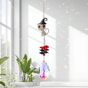 Exquisite Halloween cat crystal suncatcher with iridescent teardrop prism for windows