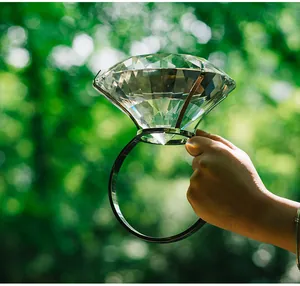 Oversized 150mm sparkling crystal diamond ring ornament held in a lush forest setting