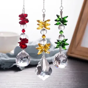 Detailed view of colorful faceted crystal pendant hangings with suncatcher prisms