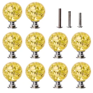 Set of 10 yellow crystal faceted ball drawer pulls with silver bases and screws