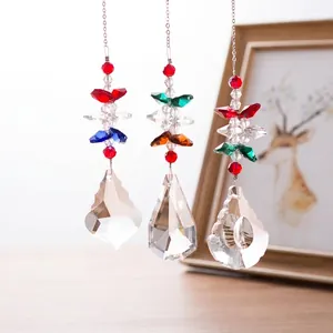 Macro detail of colorful faceted crystal octagonal bead suncatcher pendants for decor.