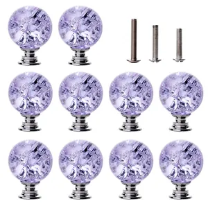 Set of 10 lavender crackle glass crystal drawer knobs with silver bases and screws