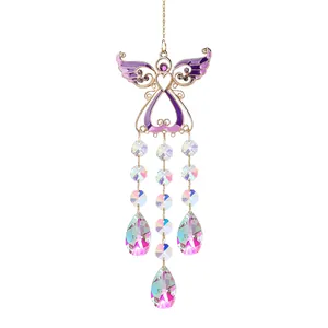 Purple angel wings suncatcher with iridescent crystal teardrops for home garden decor