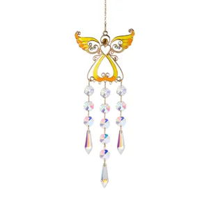 Detailed view of angel wing suncatcher with colorful crystal prism pendants
