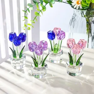 Faceted Artificial Crystal Tulip Rose Flower Figurine Craft Ornament Home Living Room Decor Gift For Mothers Day Wedding
