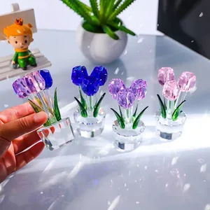 Handcrafted faceted crystal tulip flower figurines in vibrant colors for home decor