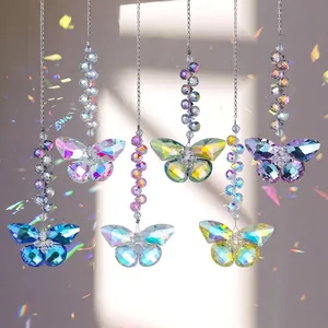 Handmade Iridescent Crystal Butterfly Suncatcher Faceted Glass Prism Rainbow Maker Hanging Ornament For Home Garden Window Decoration Gift