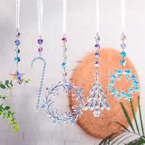 Iridescent Acrylic Crystal Hanging Suncatcher Ornament Round Wreath Christmas Tree Star Candy Cane Garden Decor Wind Chime