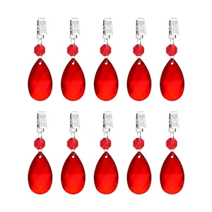 Set of 10 red faceted crystal teardrop tablecloth weights with metal clips