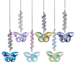 Detailed view of six colorful crystal butterfly suncatchers with faceted glass beads
