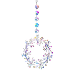 Vibrant iridescent acrylic wreath suncatcher ornament with colorful crystal prism beads for garden