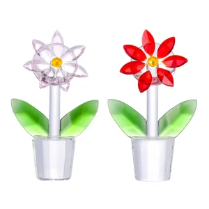 Pair of crystal flower ornaments in red and pink for luxury tabletop home decor