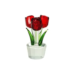 Elegant red crystal tulip flower figurine in clear glass vase for home office decoration