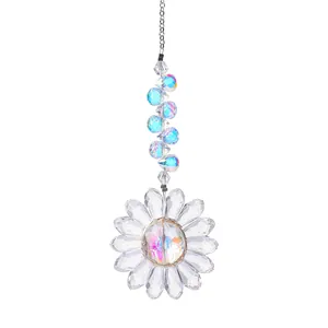 Detail view of crystal sunflower suncatcher with iridescent AB coated prism beads