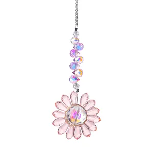 Stunning detailed view of AB color crystal sunflower suncatcher with multi-faceted beads