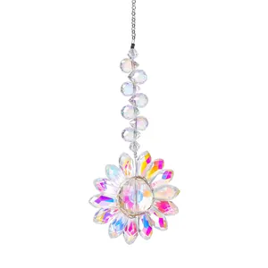 Detailed macro view of an iridescent crystal sunflower suncatcher hanging garden ornament