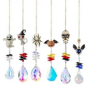 Set of 6 sparkling Halloween crystal suncatchers with gold chains for garden decoration