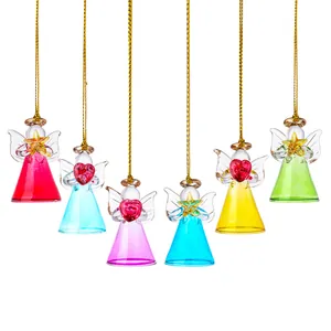 Set of 6 colorful glass angel ornaments with hearts and stars for Christmas tree.