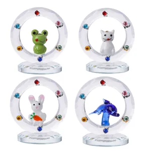 Set of four handcrafted glass animal figurines in crystal circles for home decor