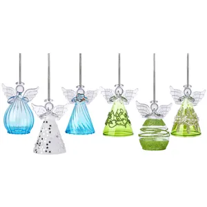Lot de 6 délicates décorations de Noël anges en verre bleu et vert avec cordons argentés