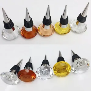 Close-up view of 40mm crystal diamond wine bottle stoppers in multiple elegant colors