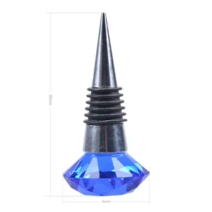 Macro view of blue crystal diamond wine bottle stopper showing 85mm height measurement