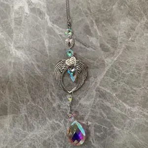 Memorial angel wings crystal suncatcher with iridescent teardrop heart prism hanger