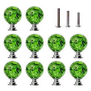 Set of 10 green ice crack glass cabinet knobs with mounting screws included