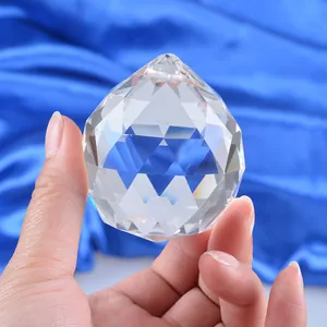 Macro view of a clear triangular faceted crystal ball pendant for chandelier décor
