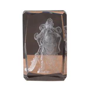 Premium 3D laser etched crystal rectangle block featuring traditional Guan Yu figure