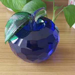 Honeycomb Faceted K9 White Crystal Apple Ornament Colorful Decorative Glass Fruit Desk Figurine With Green Leaf Business Creative Gift